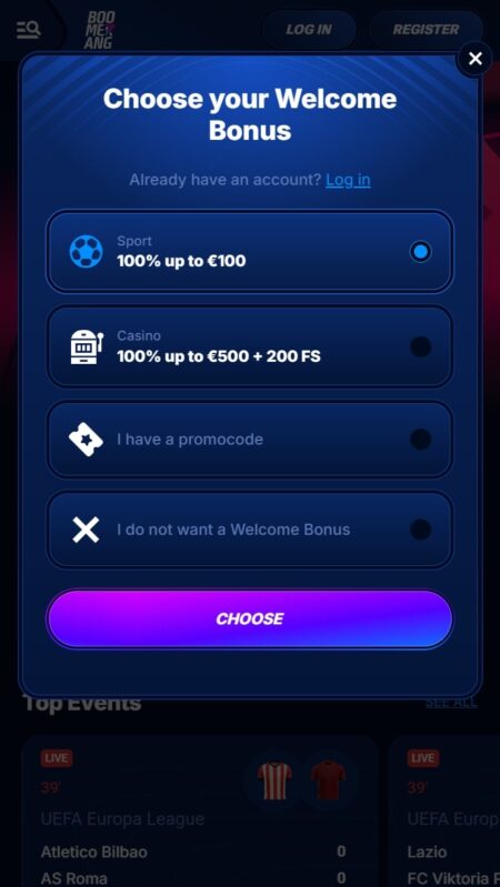 Boomerang Bet konto og bonus